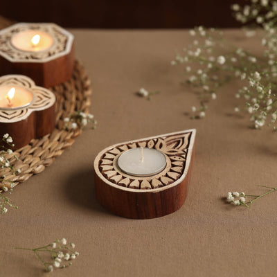  Hand Carved Sheesham Wood Block Tealight Candle Holder Online at iTokri.com 