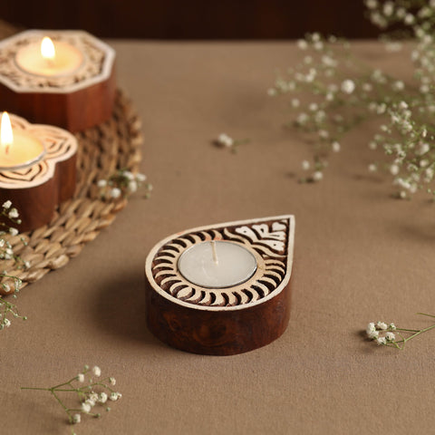 Hand Carved Sheesham Wood Block Tealight Candle Holder Online at iTokri.com