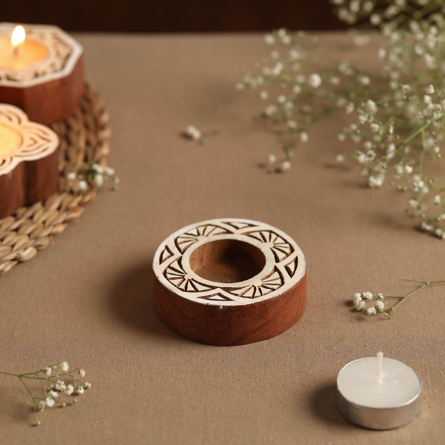  Hand Carved Sheesham Wood Block Tealight Candle Holder Online in India l iTokri.com 