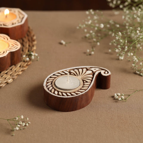  Hand Carved Sheesham Wood Block Tealight Candle Holder Online at iTokri.com 