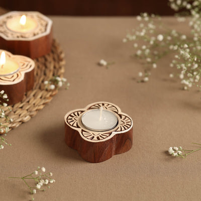  Hand Carved Sheesham Wood Block Tealight Candle Holder Online in India l iTokri.com 