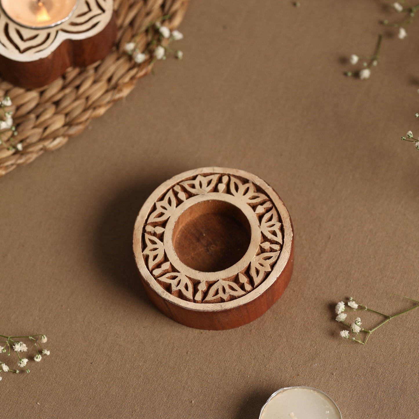  Hand Carved Sheesham Wood Block Tealight Candle Holder Online at iTokri.com 