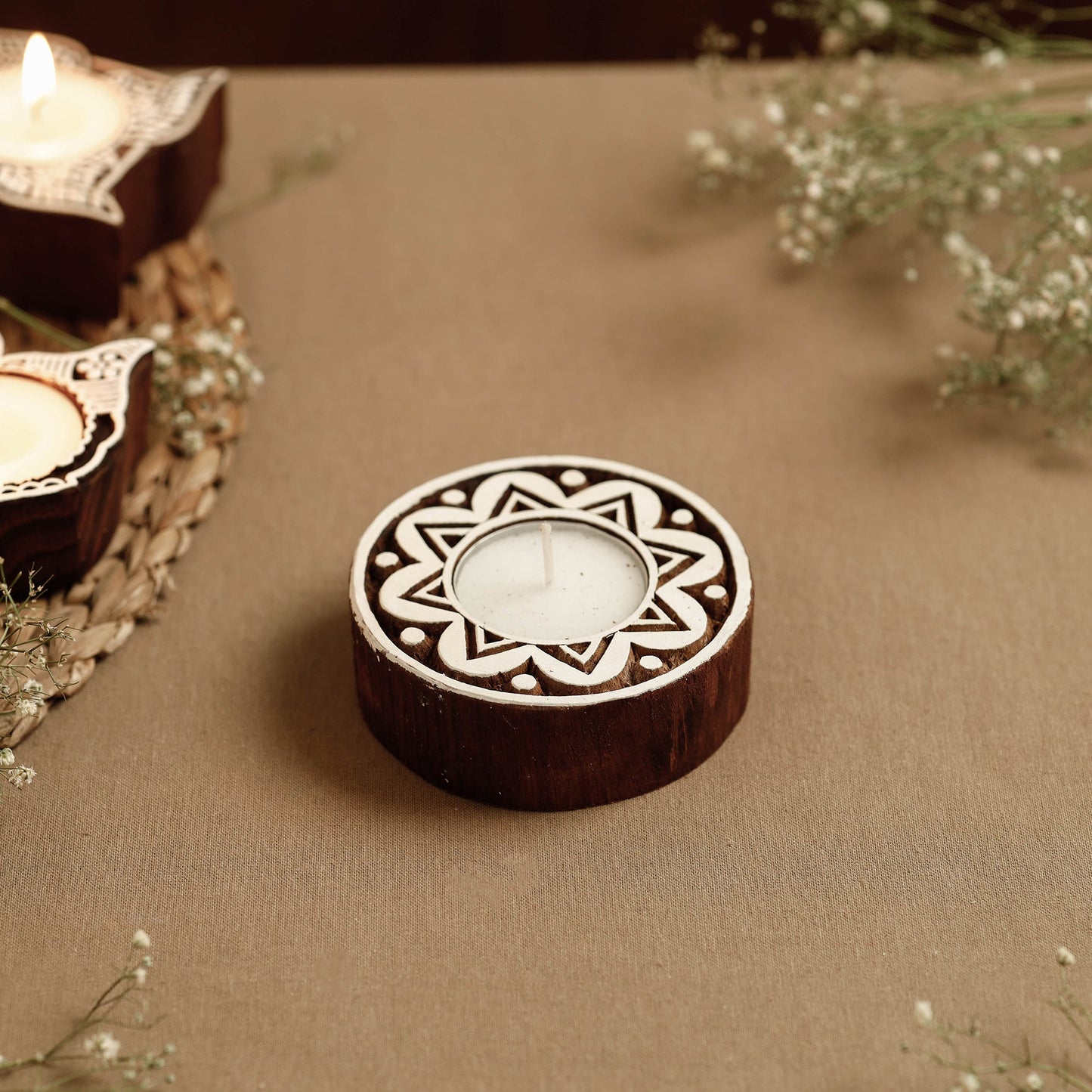  Hand Carved Sheesham Wood Block Tealight Candle Holder Online at iTokri.com 