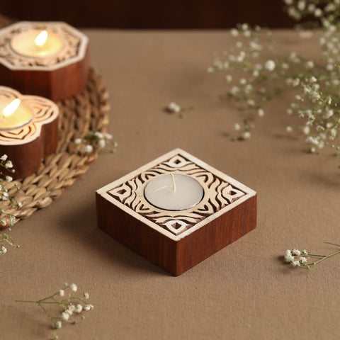Hand Carved Sheesham Wood Block Tealight Candle Holder Online at iTokri.com