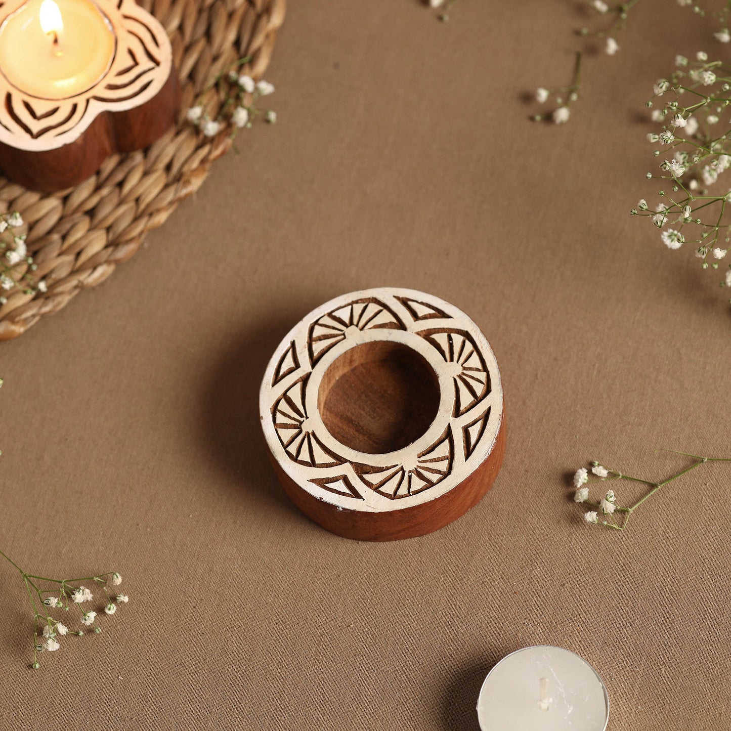  Hand Carved Sheesham Wood Block Tealight Candle Holder Online in India l iTokri.com 