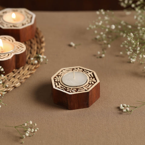 Hand Carved Sheesham Wood Block Tealight Candle Holder Online at iTokri.com