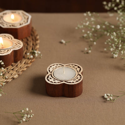  Hand Carved Sheesham Wood Block Tealight Candle Holder Online at iTokri.com 