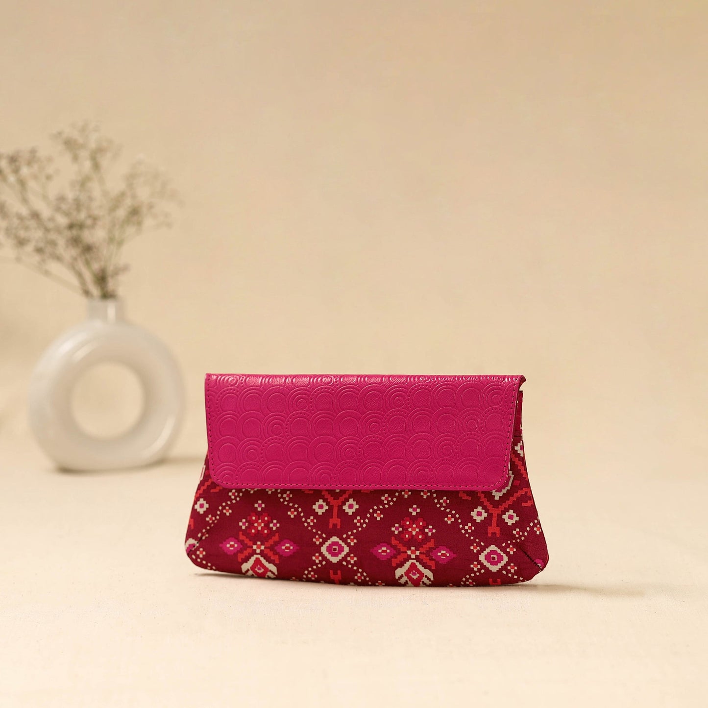 Hand clutch with embossed leather flap 01 - handcrafted
