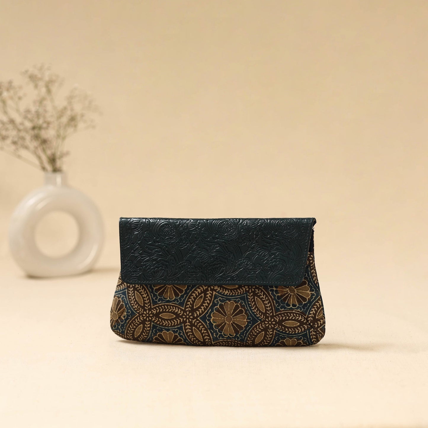 Hand clutch with embossed leather flap 06 - handcrafted