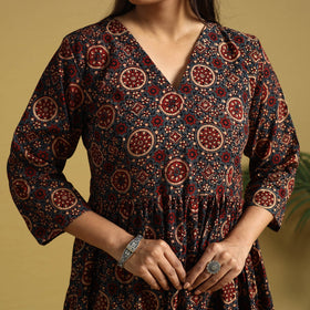  Blue Hand Block Print Cotton Flared Ajrakh Dress