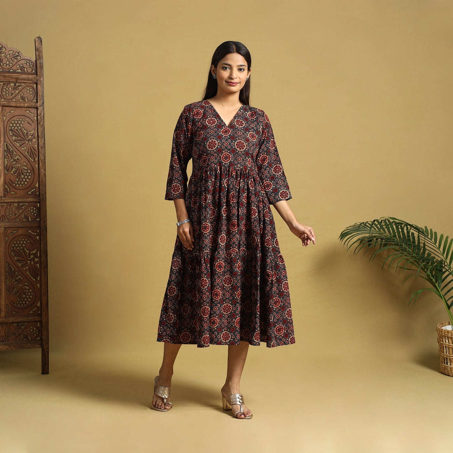  Blue Hand Block Print Cotton Flared Ajrakh Dress