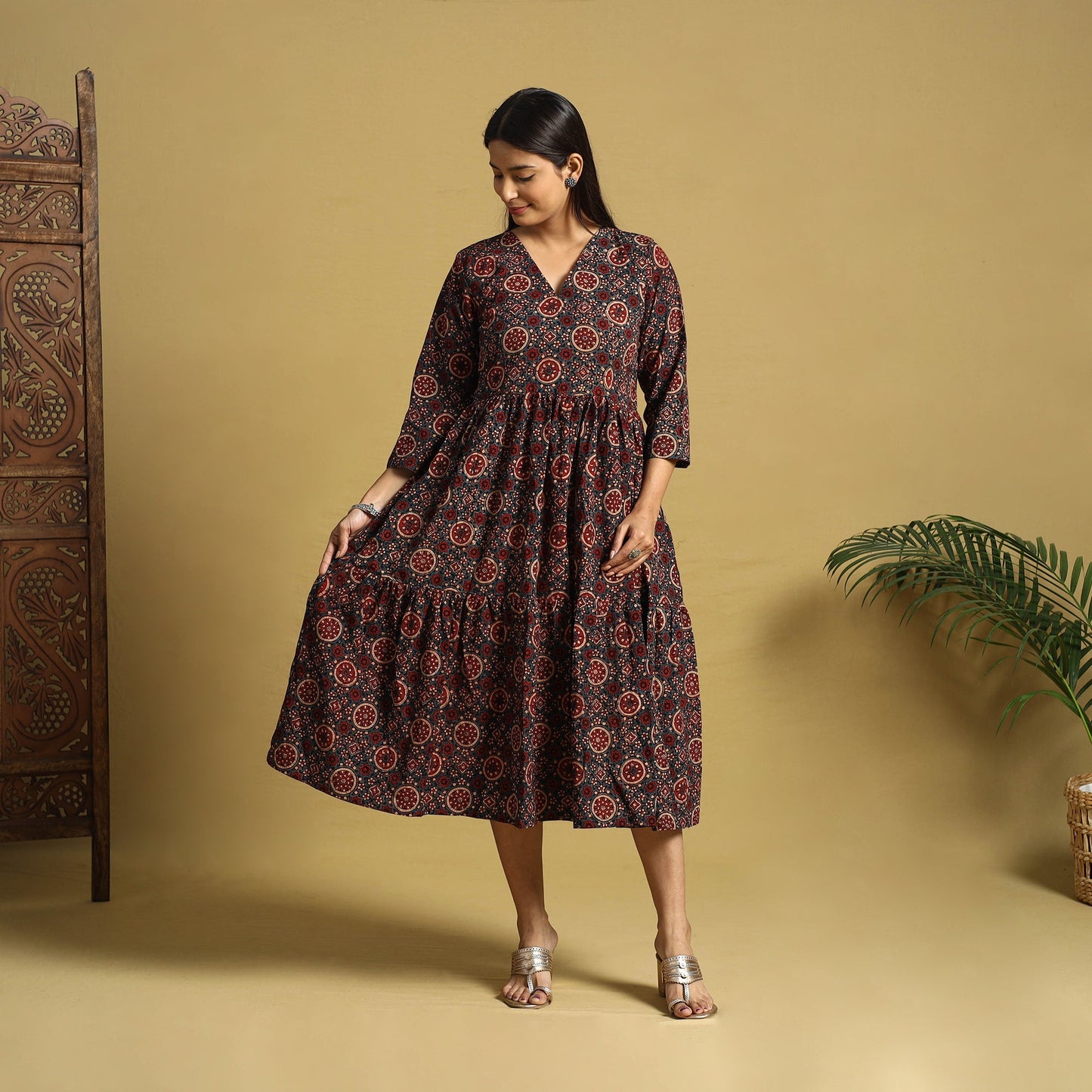  Blue Hand Block Print Cotton Flared Ajrakh Dress