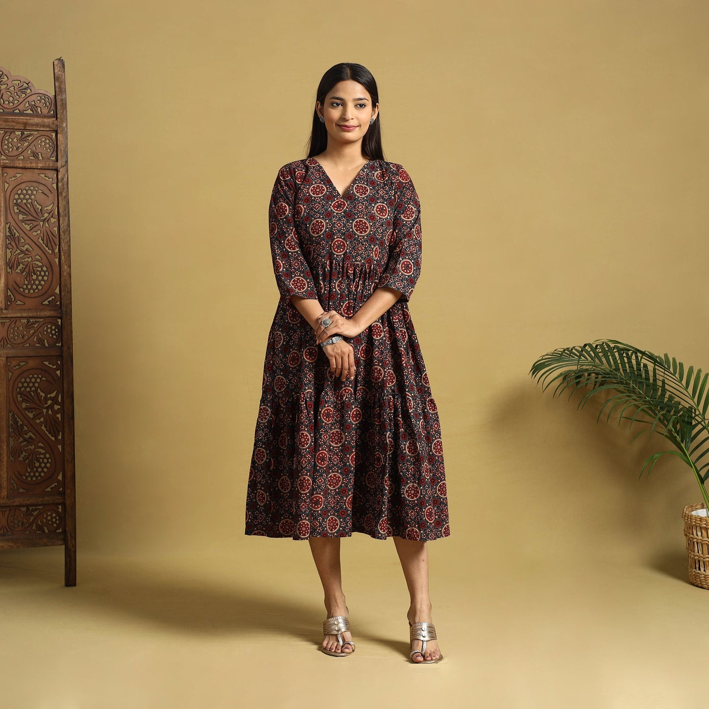  Blue Hand Block Print Cotton Flared Ajrakh Dress