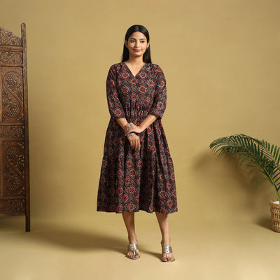  Blue Hand Block Print Cotton Flared Ajrakh Dress