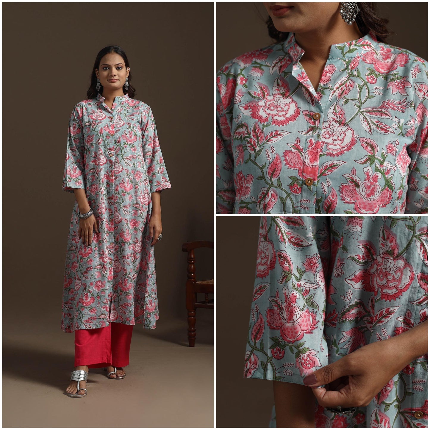Hand cotton a-line sanganeri kurta for women 03