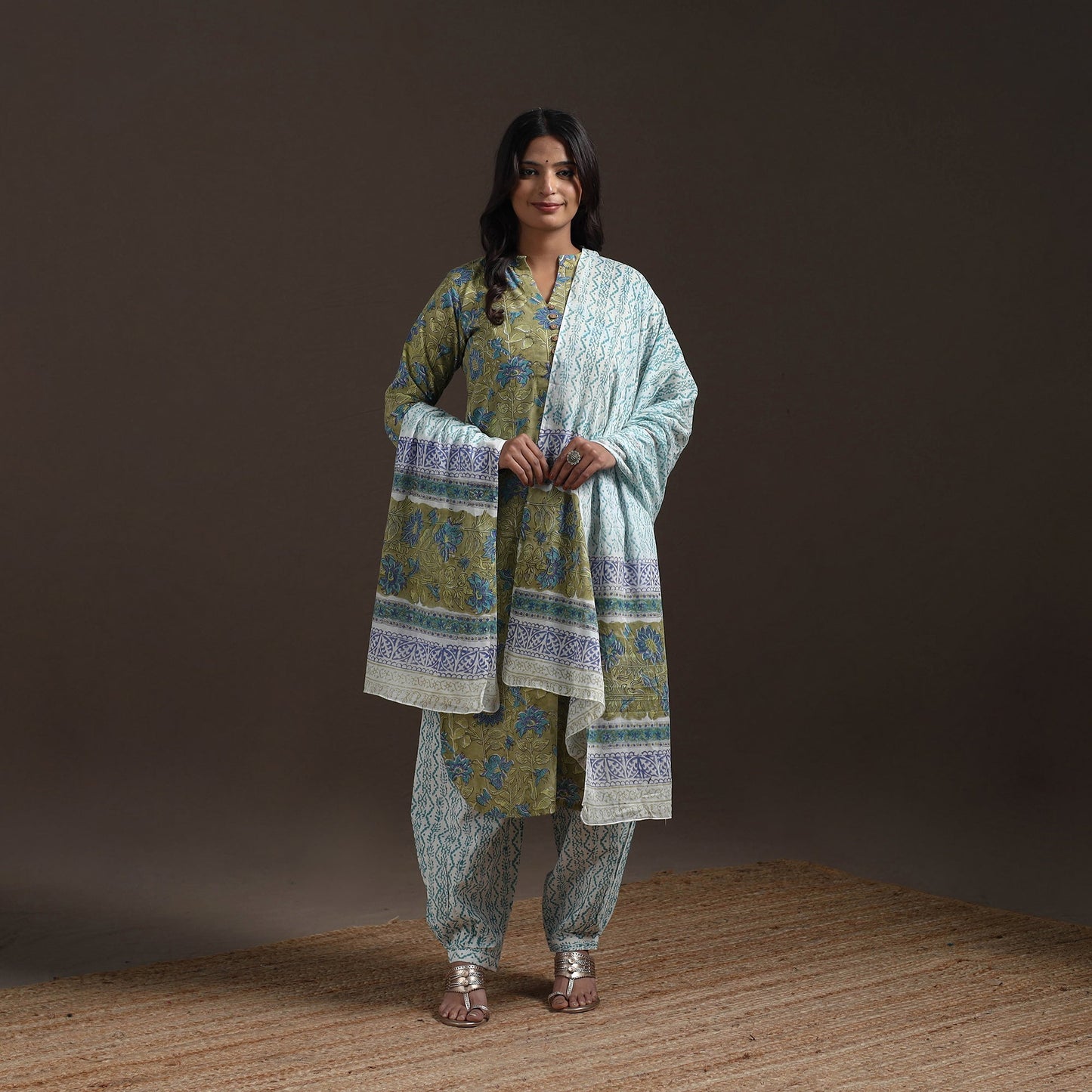 Hand cotton sanganeri suit set with dupatta for women 19