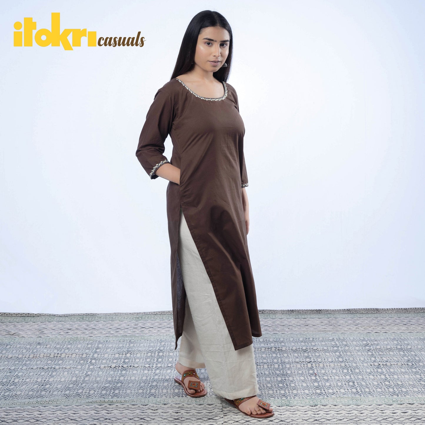  iTokri Casuals - Hand Embroidered Cotton Long Kurta 