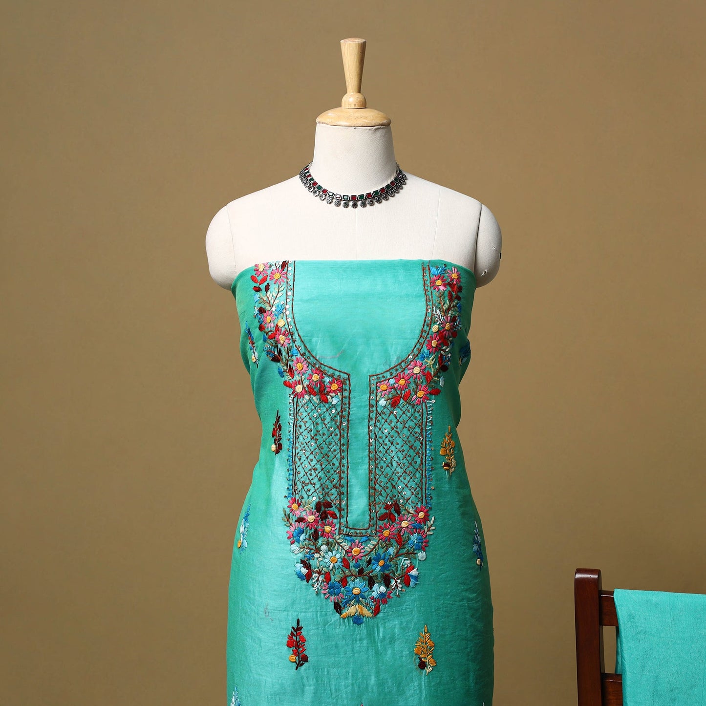 Hand embroidered chanderi silk 3pc unstitched dress