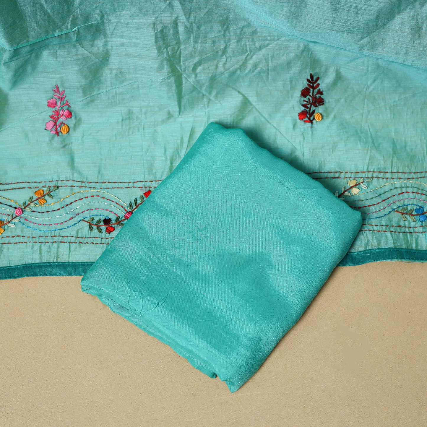 Hand embroidered chanderi silk 3pc unstitched dress