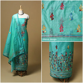 Hand embroidered chanderi silk 3pc unstitched dress