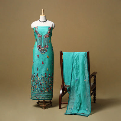 Hand embroidered chanderi silk 3pc unstitched dress