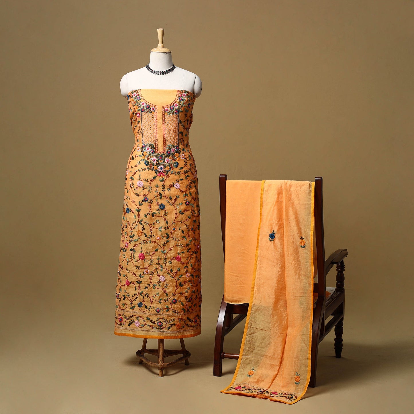 Hand embroidered chanderi silk 3pc unstitched dress