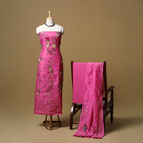 Hand embroidered chanderi silk 3pc unstitched dress