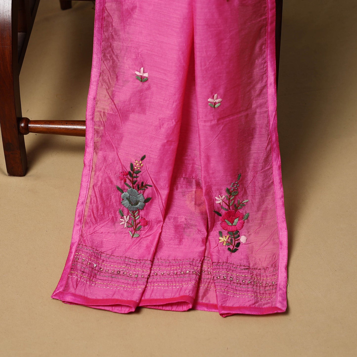 Hand embroidered chanderi silk 3pc unstitched dress