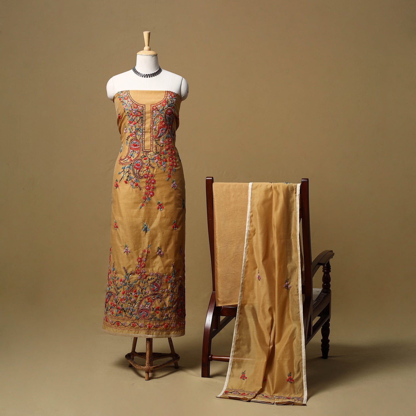 Hand embroidered chanderi silk 3pc unstitched dress