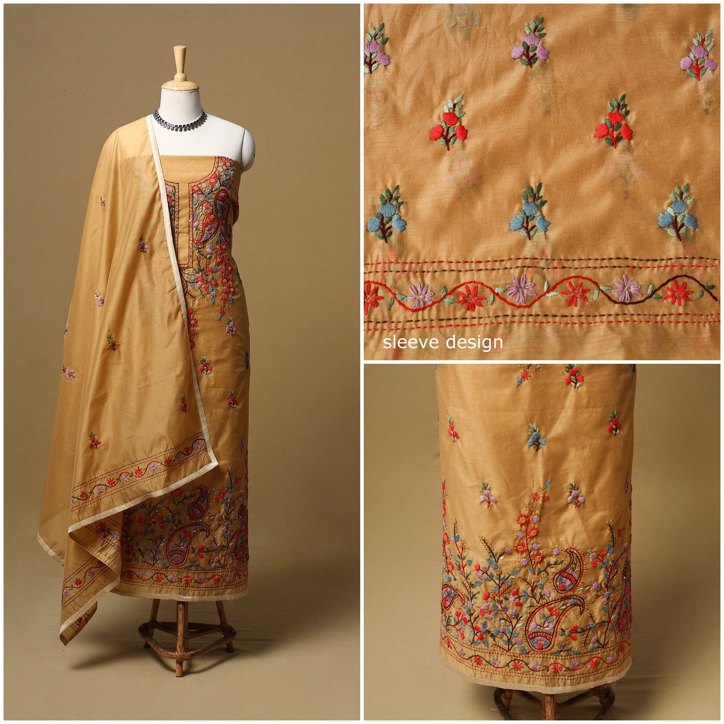 Hand embroidered chanderi silk 3pc unstitched dress