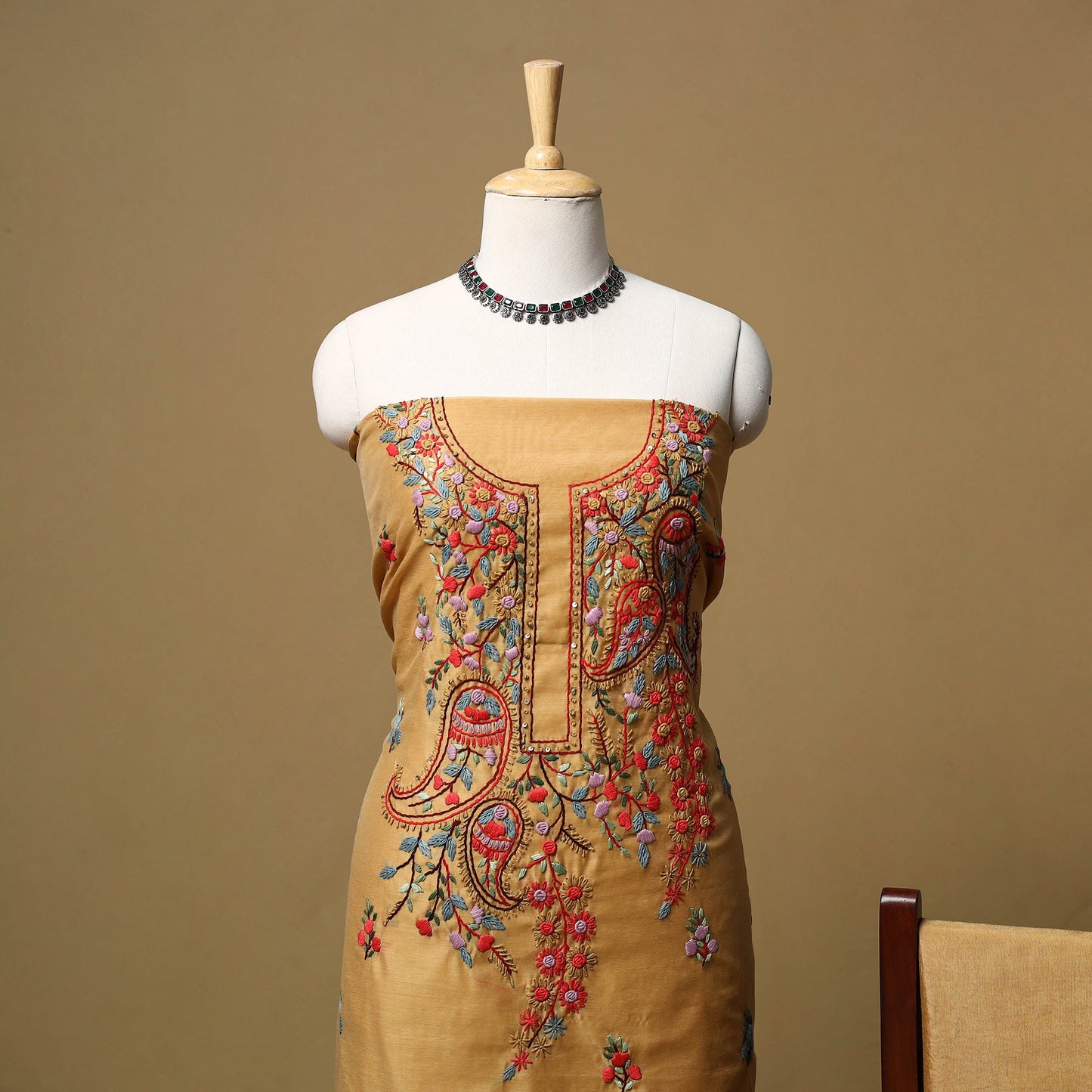 Hand embroidered chanderi silk 3pc unstitched dress