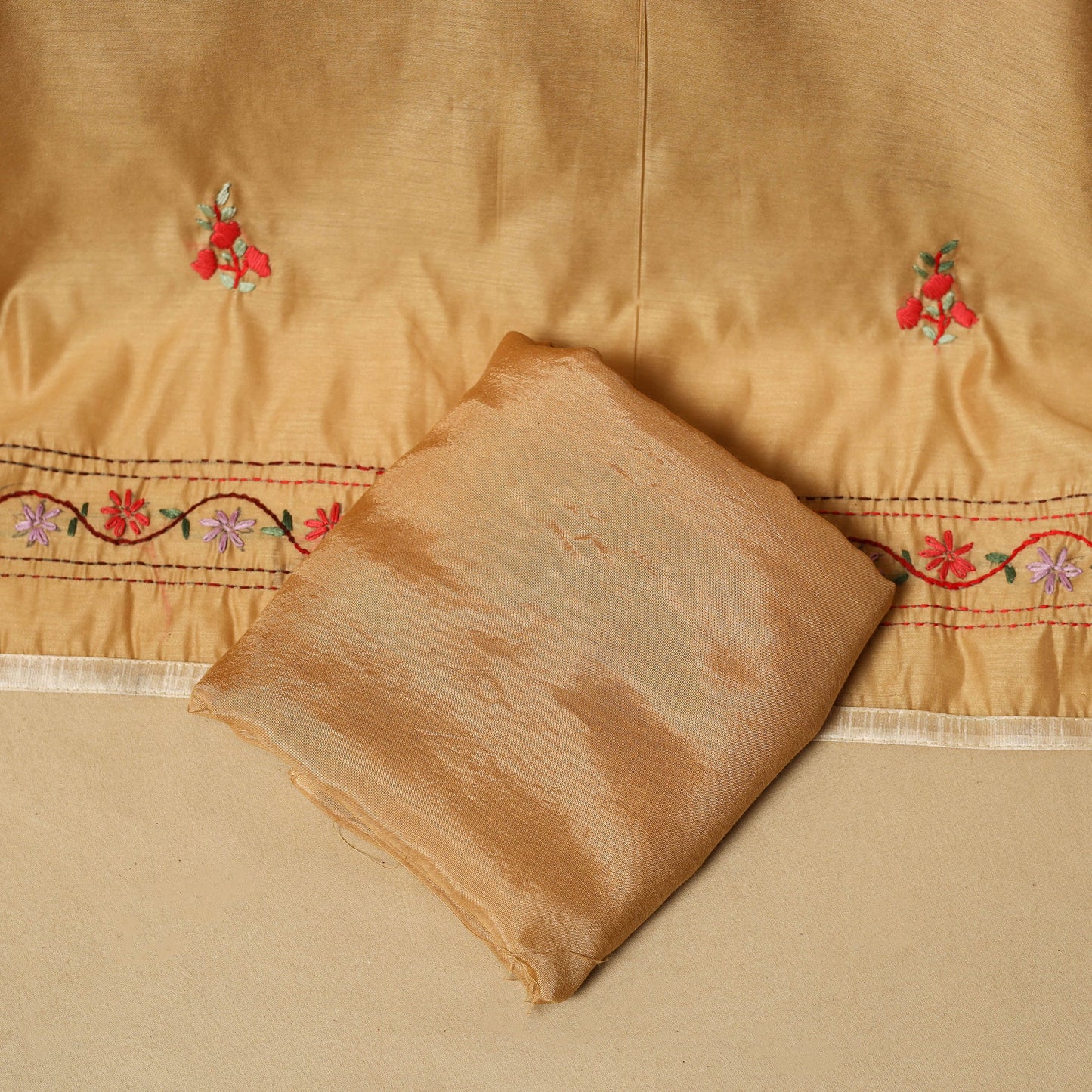 Hand embroidered chanderi silk 3pc unstitched dress