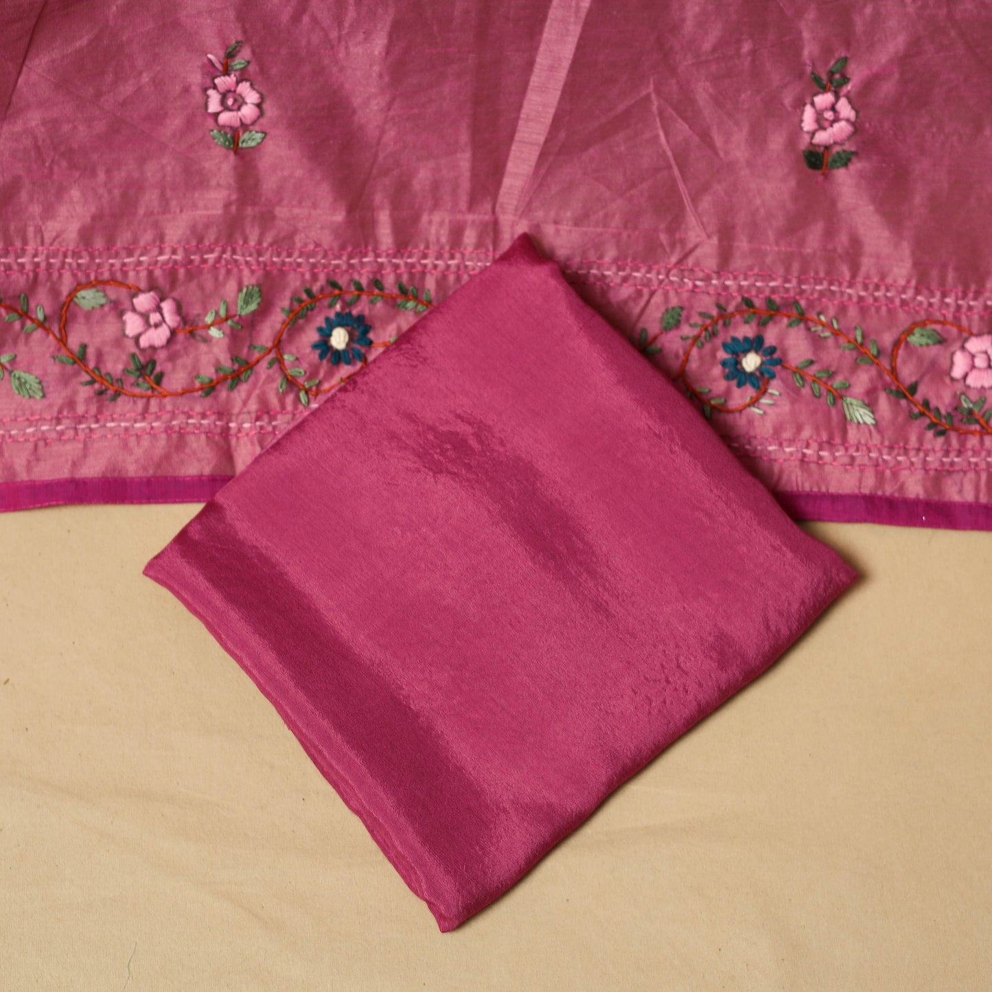 Hand embroidered chanderi silk 3pc unstitched dress