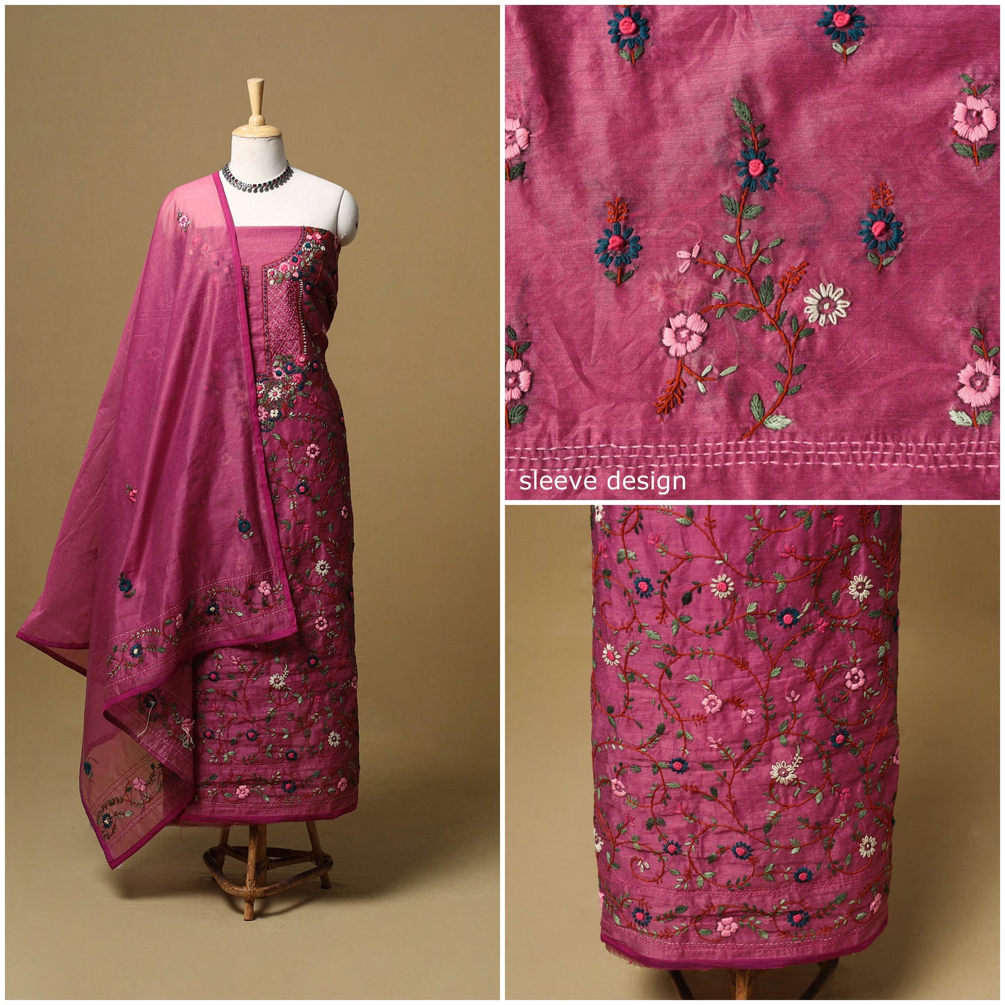 Hand embroidered chanderi silk 3pc unstitched dress