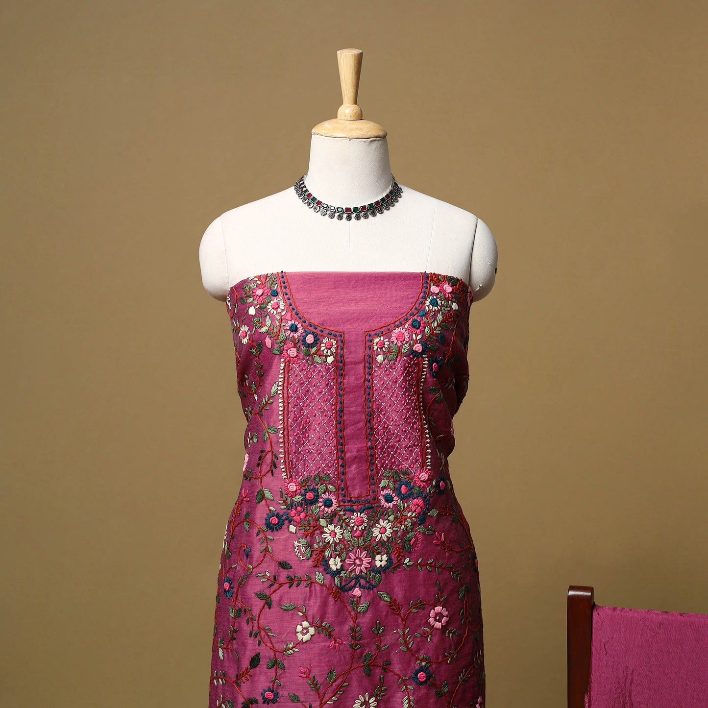 Hand embroidered chanderi silk 3pc unstitched dress