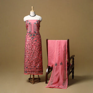Hand embroidered chanderi silk 3pc unstitched dress