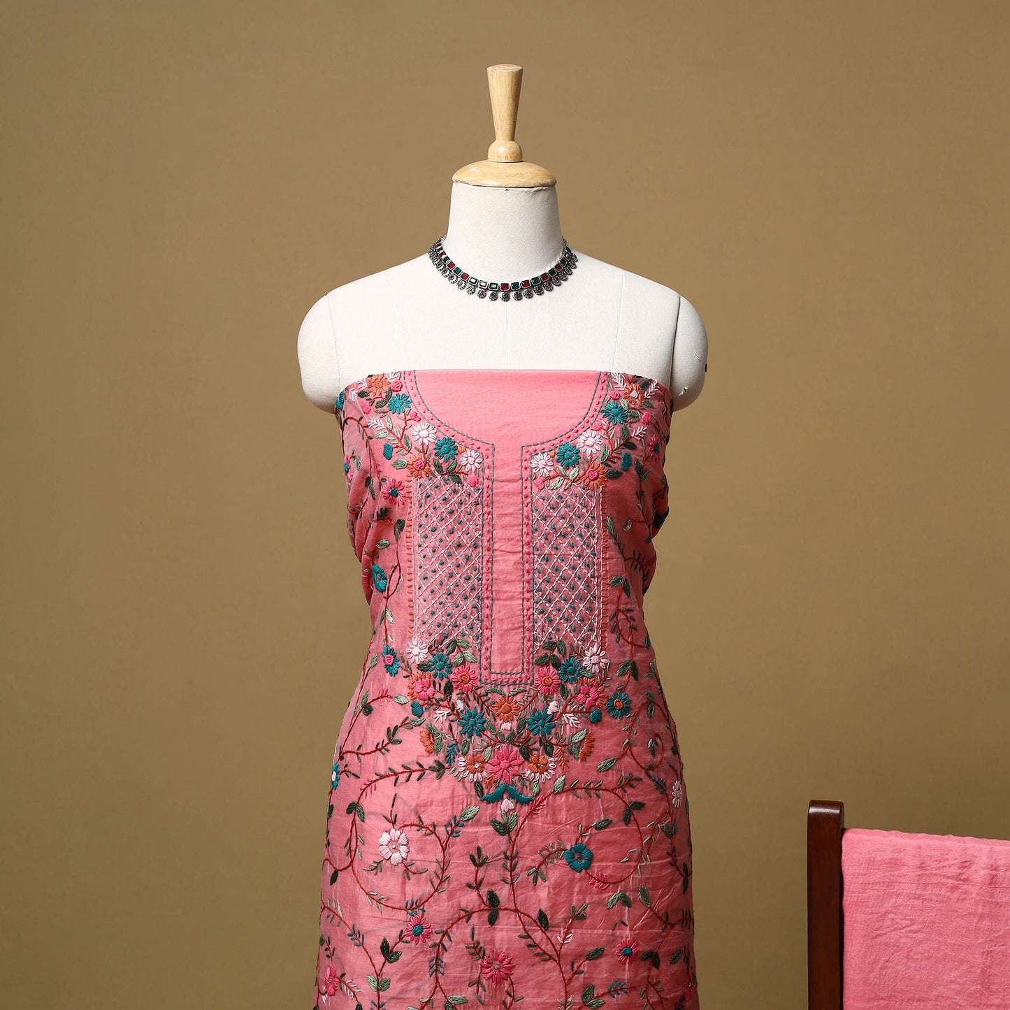 Hand embroidered chanderi silk 3pc unstitched dress