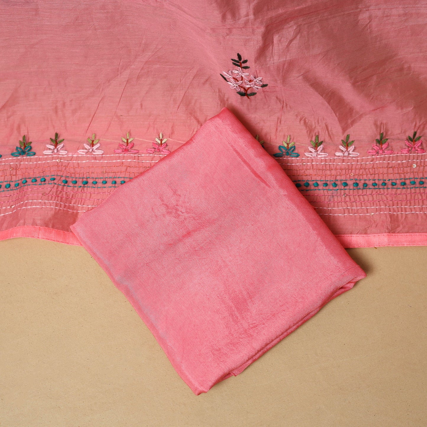 Hand embroidered chanderi silk 3pc unstitched dress