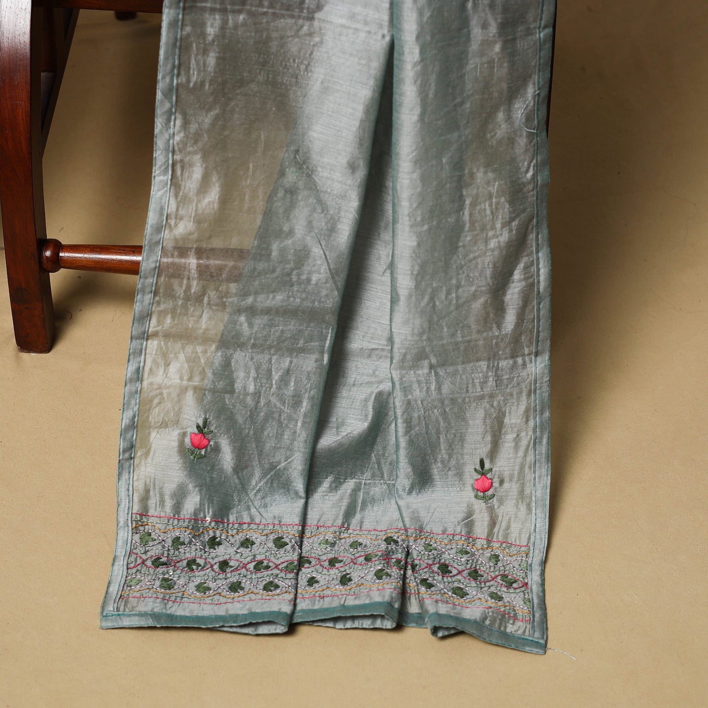 Hand embroidered chanderi silk 3pc unstitched dress
