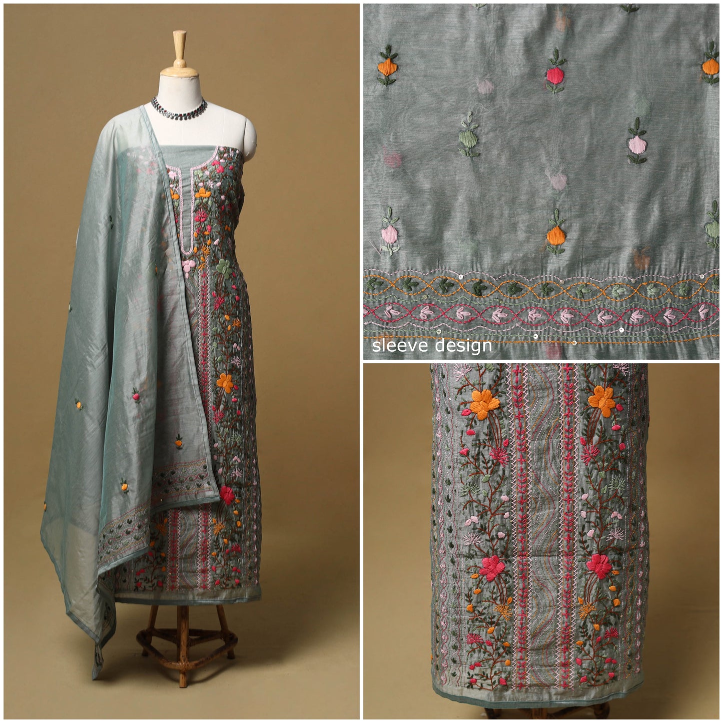 Hand embroidered chanderi silk 3pc unstitched dress