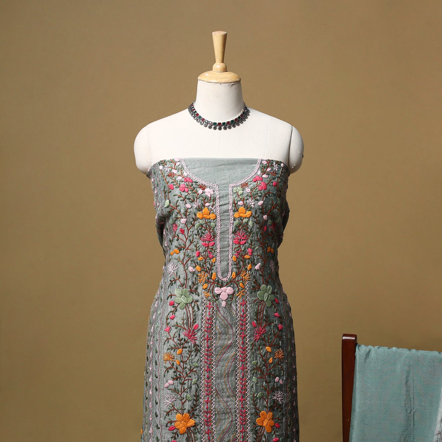 Hand embroidered chanderi silk 3pc unstitched dress