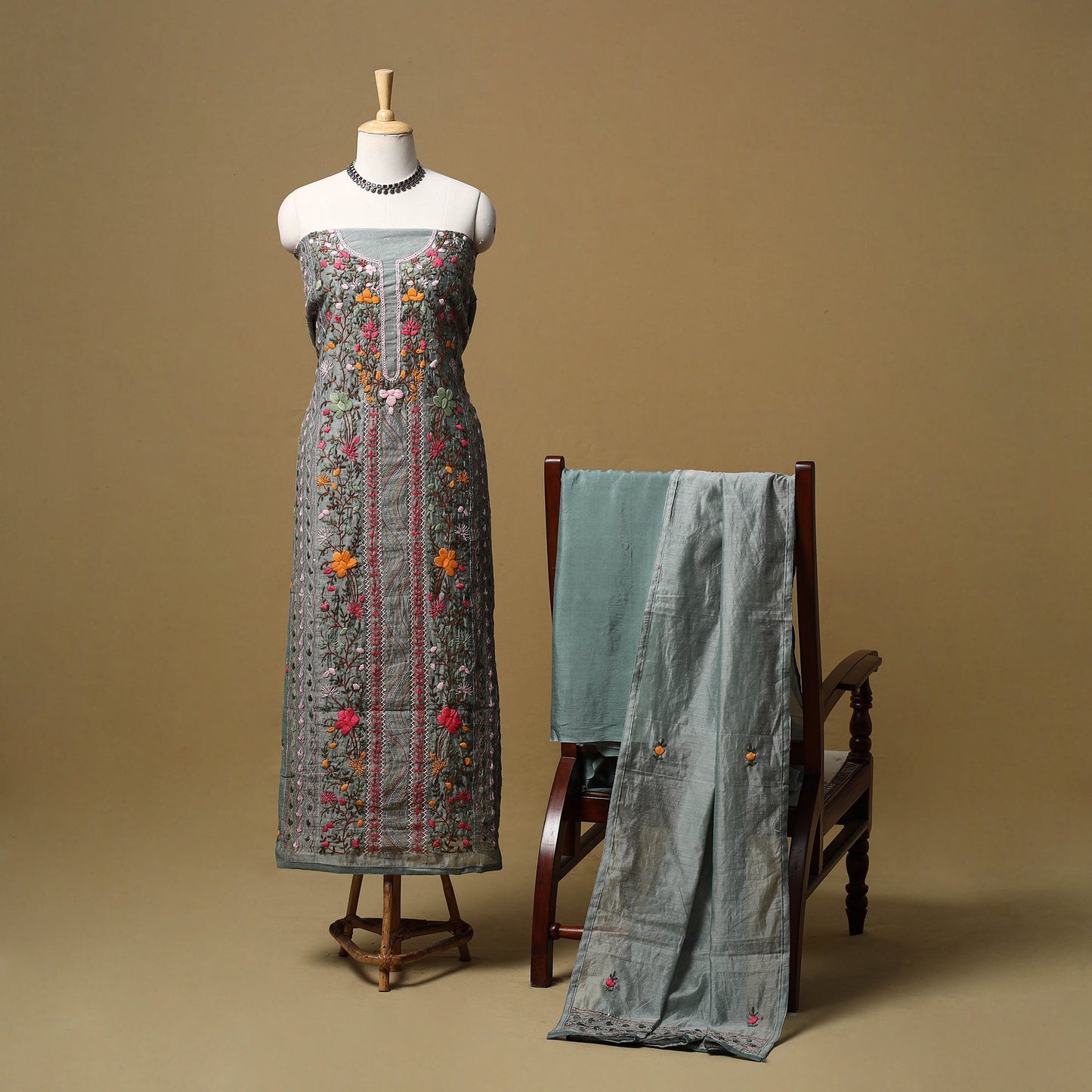 Hand embroidered chanderi silk 3pc unstitched dress