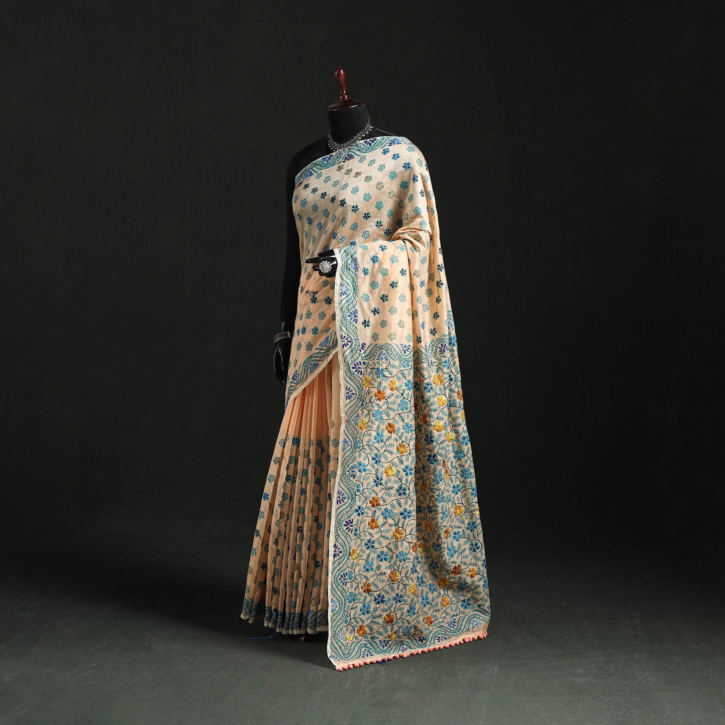 Hand embroidered chanderi silk chapa work phulkari saree 29