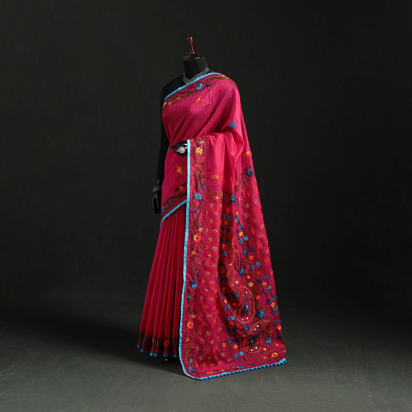 Hand embroidered chanderi silk chapa work phulkari saree 33