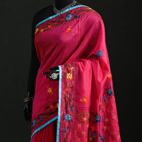 Hand embroidered chanderi silk chapa work phulkari saree 33