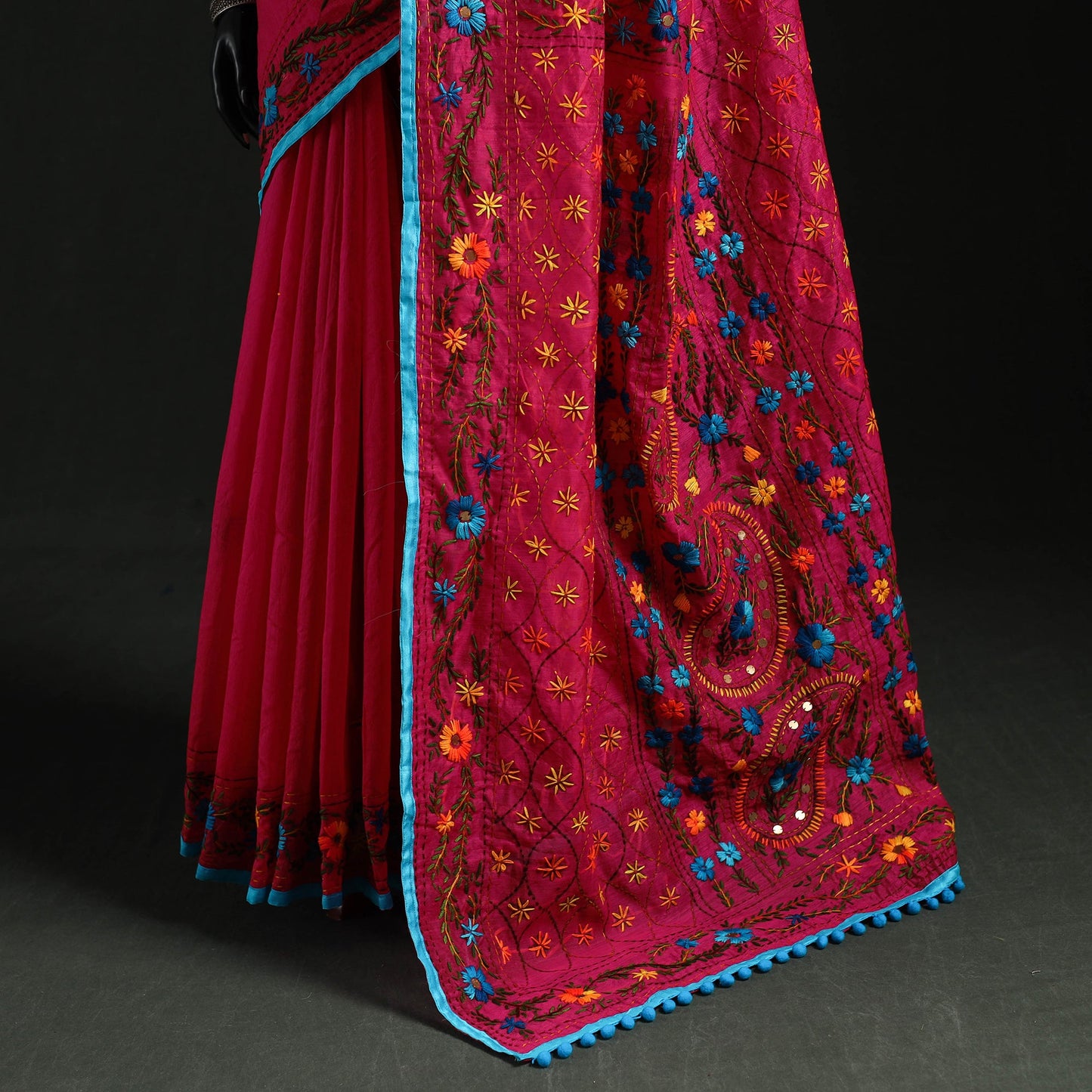 Hand embroidered chanderi silk chapa work phulkari saree 33