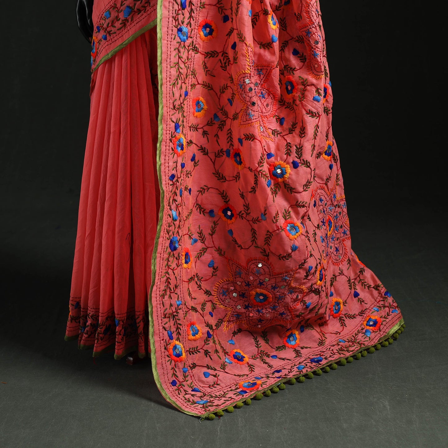 Hand embroidered chanderi silk chapa work phulkari saree 34