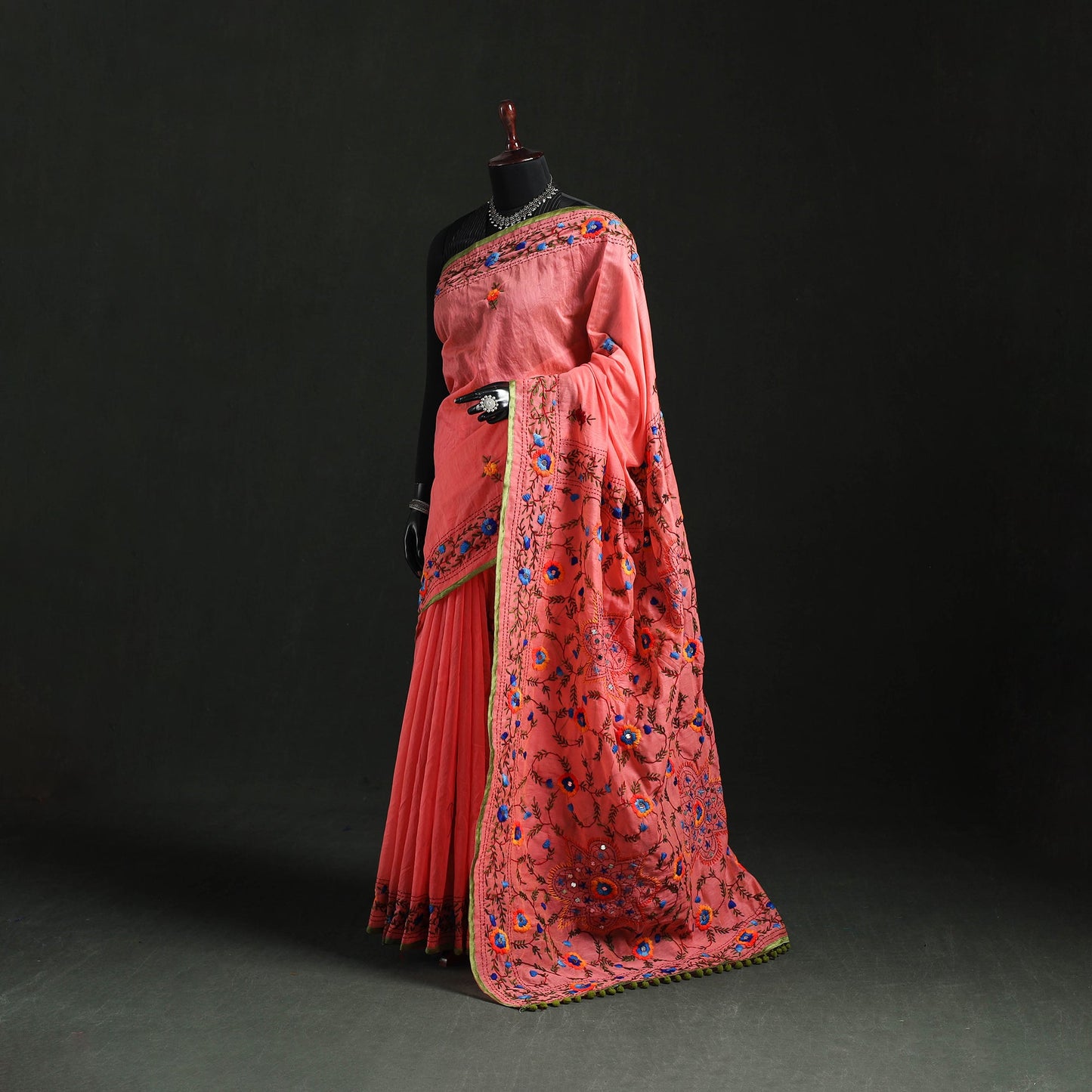 Hand embroidered chanderi silk chapa work phulkari saree 34