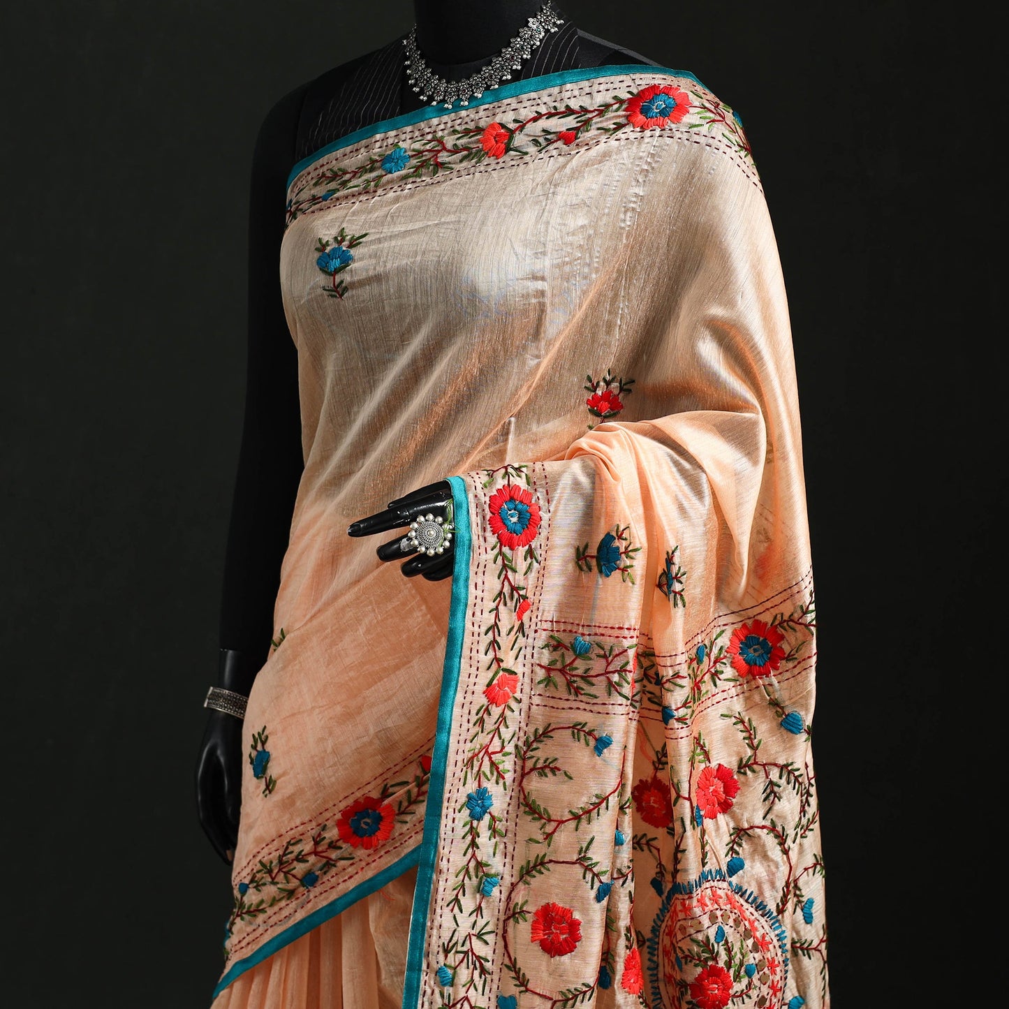 Hand embroidered chanderi silk chapa work phulkari saree 35