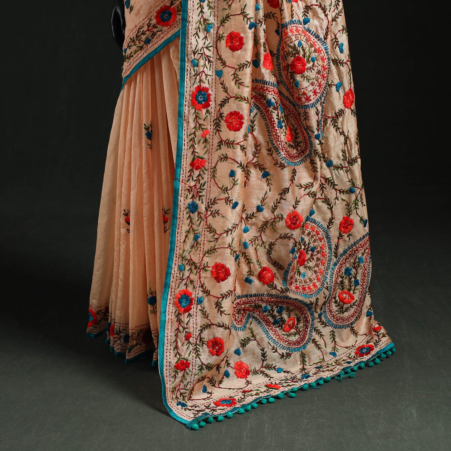 Hand embroidered chanderi silk chapa work phulkari saree 35